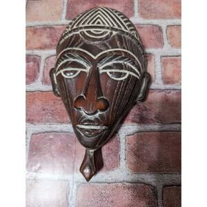 Vintage Hand Carved Wooden Wood Tribal Mask Hanging Wall Decor 10.5 in x 6 in